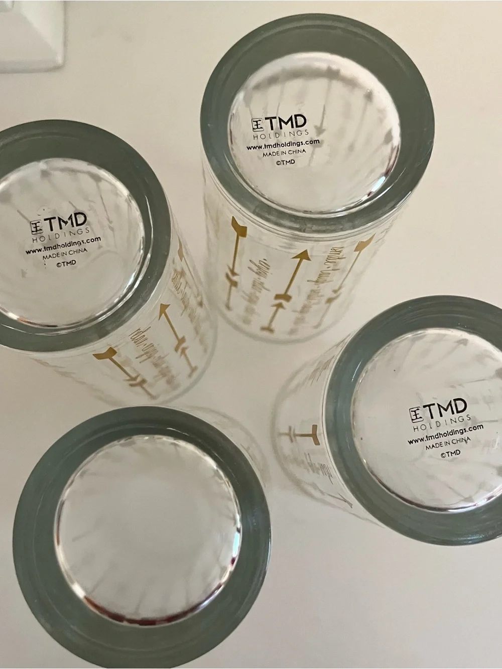 Vtg TMD HOLDINGS Gold Arrows High Ball Glasses Set Of 4 Smile Laugh, Enjoy Relax